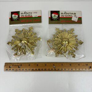 2 Vtg Sealed Santas World Gold Glitter Ornaments Star Christmas Holiday Trim